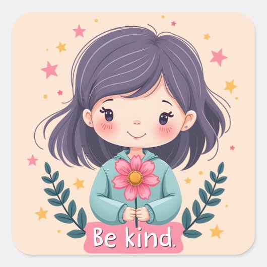 Schattigee Kawaii "Be Kind" Illustratie – Heilzame Vierkante Sticker (Voorkant)