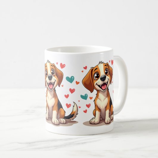 Schattigee Kawaii Beagle met harten speelse hond Koffiemok (Voorkant rechts)