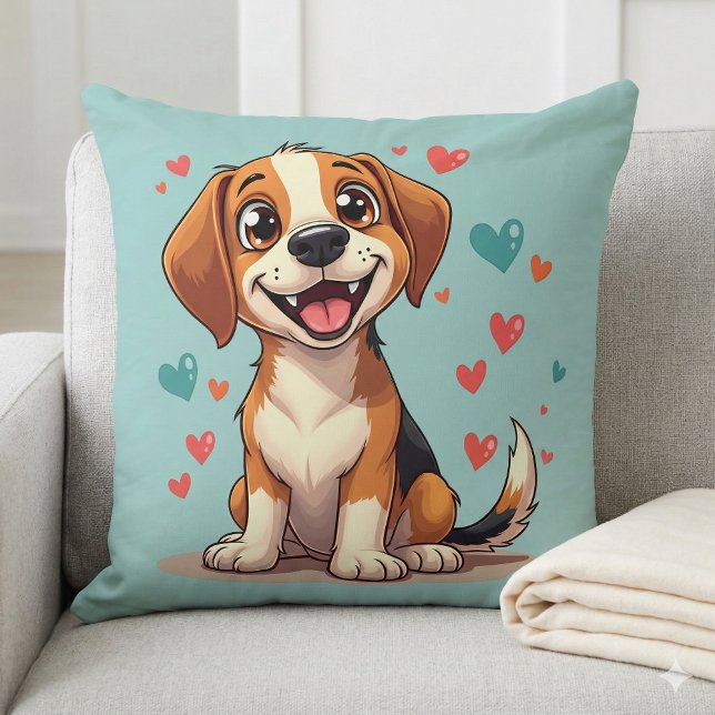 Schattigee Kawaii Beagle met harten speelse hond Kussen (Cute Kawaii Beagle with Hearts Playful Dog Throw Pillow Mockup A)