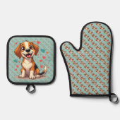 Schattigee Kawaii Beagle met harten speelse hond Ovenwant & Pannenlap Set (Voorkant)