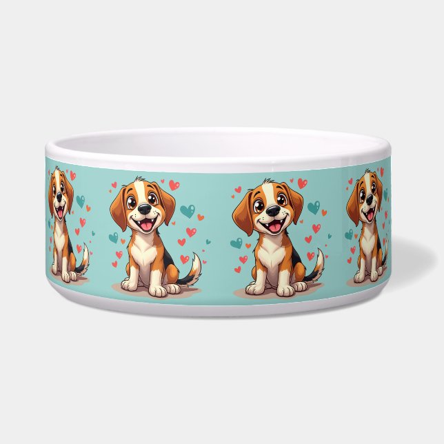 Schattigee Kawaii Beagle met harten speelse honden Voerbakje (Voorkant)