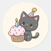 Schattigee Kawaii Black Cat verjaardagsfeestje Ronde Sticker (Voorkant)