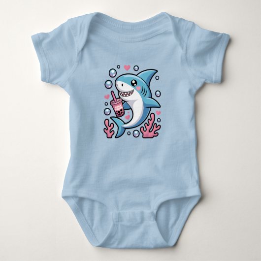 Schattigee Kawaii Blue Shark Pink Bubble Tea Romper (Voorkant)