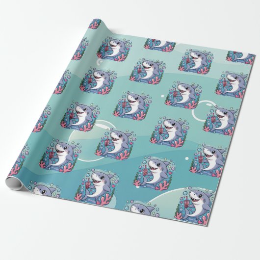 Schattigee Kawaii Boba Shark Ocean Vibes Pattern Cadeaupapier (Uitgerold)