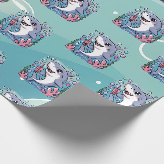 Schattigee Kawaii Boba Shark Ocean Vibes Pattern Cadeaupapier (Hoek)