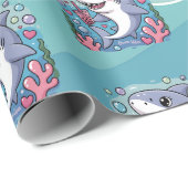 Schattigee Kawaii Boba Shark Ocean Vibes Pattern Cadeaupapier (Rol Hoek)
