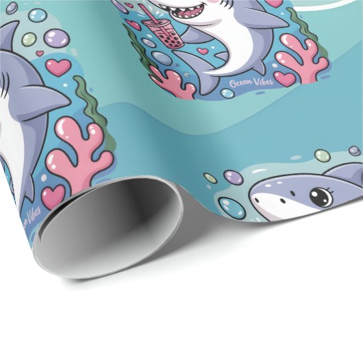 Schattigee Kawaii Boba Shark Ocean Vibes Pattern Cadeaupapier (Rol Hoek)