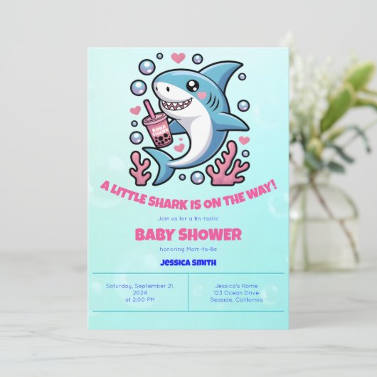 Schattigee Kawaii Boba Shark Roze & Blauw Baby sho Kaart (Staand voorkant)