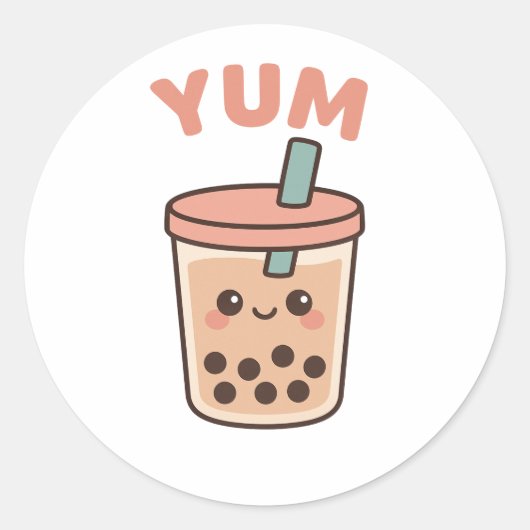 Schattigee Kawaii Boba Tea "Yum" Bubble Tea Sticke Ronde Sticker (Voorkant)