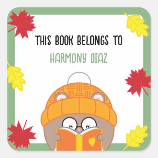 Schattigee Kawaii Booklover Hamster Herfst Bookpla Vierkante Sticker (Voorkant)