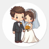 Schattigee Kawaii bruid en bruidegom bruidsgeschen Ronde Sticker (Voorkant)