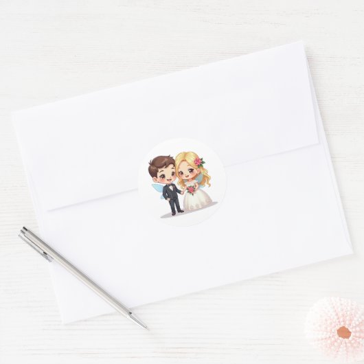 Schattigee Kawaii bruid en bruidegom - Sprookjesth Ronde Sticker (Envelop)