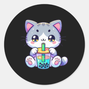 Schattigee Kawaii Bubble Tea Cat Japanese Kitten A Ronde Sticker