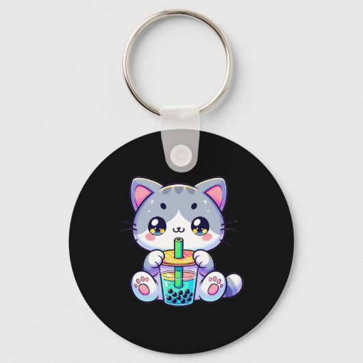 Schattigee Kawaii Bubble Tea Cat Japanese Kitten A Sleutelhanger (Voorkant)