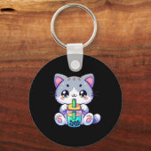 Schattigee Kawaii Bubble Tea Cat Japanese Kitten A Sleutelhanger (Voorkant)