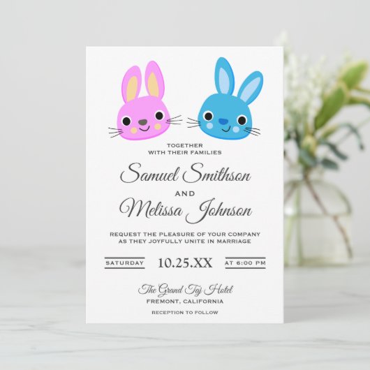 Schattigee Kawaii Bunny Rabbit Wedding Invitation Kaart (Staand voorkant)