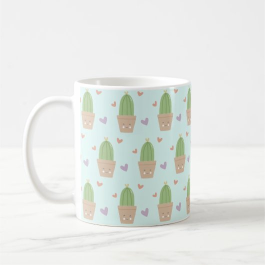 Schattigee Kawaii Cactus en Harten Patroon Koffiemok (Links)