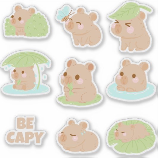 Schattigee kawaii Capybara sticker pack (Voorkant)