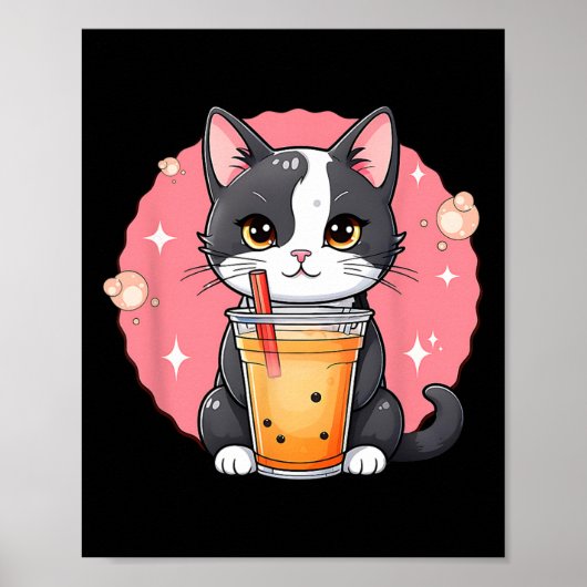 Schattigee Kawaii Cat Boba Tea Japanse stijl Tuxed Poster (Voorkant)