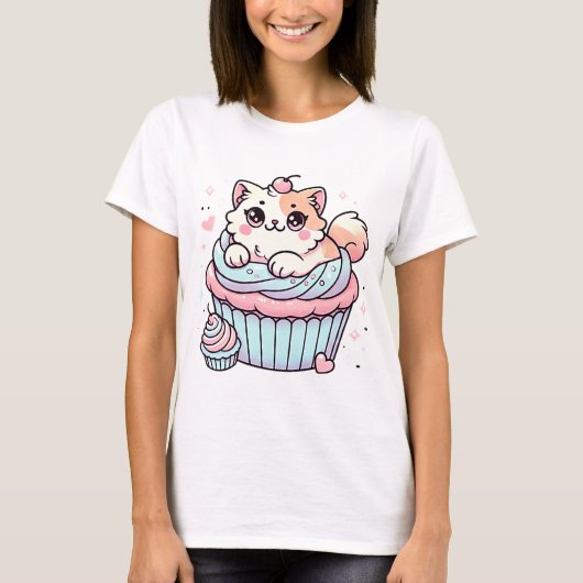 Schattigee Kawaii Cat Cupcake Soft Cotton T-shirt (Voorkant)