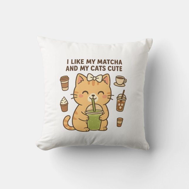 Schattigee Kawaii Cat met Matcha Groene Thee Kussen (Voorkant)