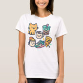 Schattigee Kawaii Cat, Pizza, Bubble Tea & Coffee  T-shirt (Voorkant)