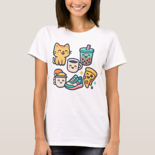 Schattigee Kawaii Cat, Pizza, Bubble Tea & Coffee T-shirt