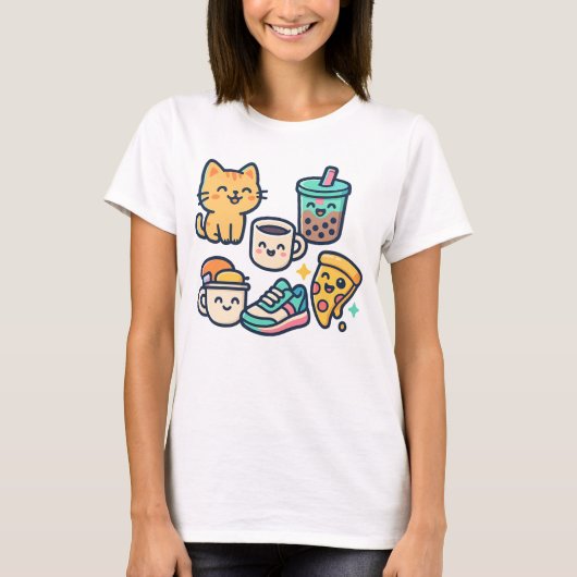 Schattigee Kawaii Cat, Pizza, Bubble Tea & Coffee  T-shirt (Voorkant)