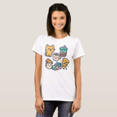 Schattigee Kawaii Cat, Pizza, Bubble Tea & Coffee  T-shirt (Voorkant volledig)