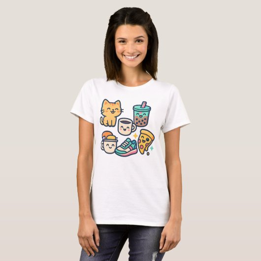 Schattigee Kawaii Cat, Pizza, Bubble Tea & Coffee  T-shirt (Voorkant volledig)