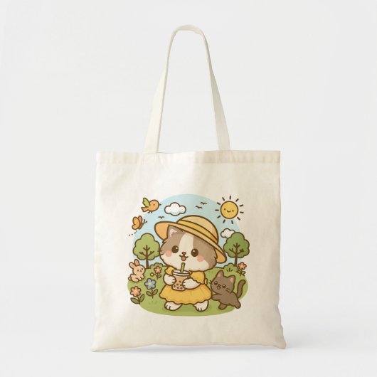 Schattigee Kawaii Cat Yellow Dress Drink Bubble Te Tote Bag (Voorkant)