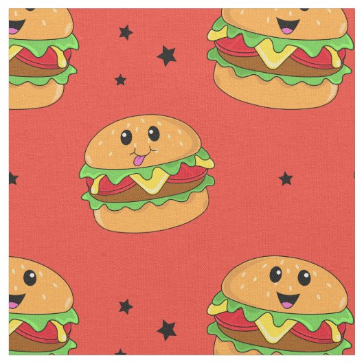 Schattigee Kawaii Cheeseburger Patroon op Rood Stof (Close Up)