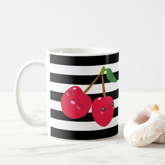 Schattigee Kawaii Cherry Zwart en Wit Gestreept Koffiemok (Met donut)