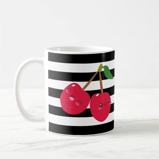 Schattigee Kawaii Cherry Zwart en Wit Gestreept Koffiemok (Links)
