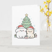 Schattigee Kawaii Christmas Cat & Dog feestelijke  Kaart (Gele Bloem)