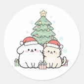 Schattigee Kawaii Christmas Cat & Dog feestelijke  Ronde Sticker (Voorkant)
