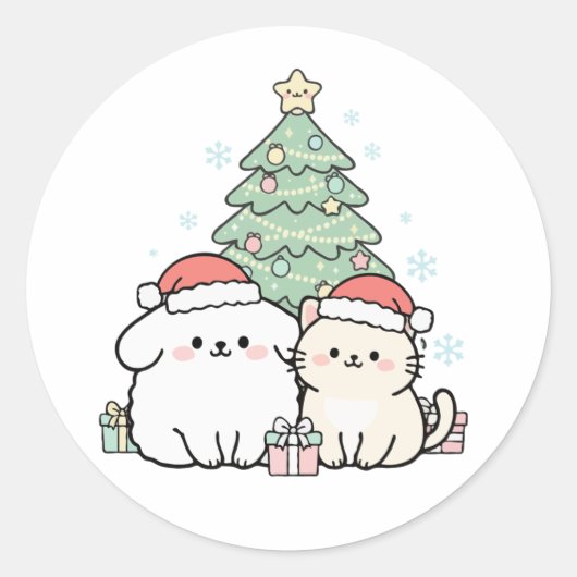 Schattigee Kawaii Christmas Cat & Dog feestelijke  Ronde Sticker (Voorkant)