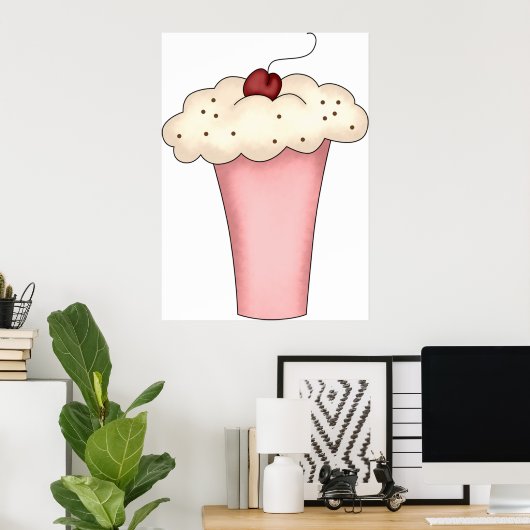 Schattigee Kawaii Cupcake Milkshake met Cherry Poster (Thuiskantoor)