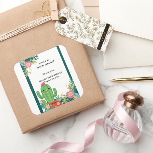 Schattigee Kawaii Desert Bloom Floral Cactus Baby  Vierkante Sticker (Geschenken)