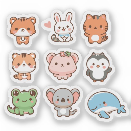 Schattigee kawaii dieren sticker set (Voorkant)
