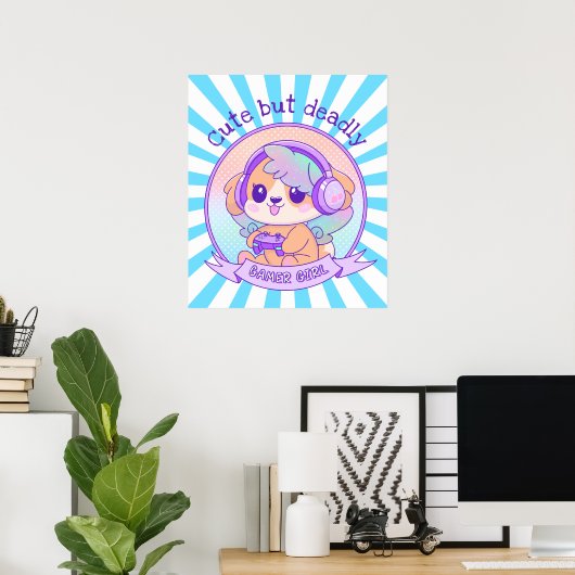 Schattigee Kawaii Dog met vleugels Gamer Girl Star Poster (Thuiskantoor)