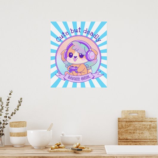 Schattigee Kawaii Dog met vleugels Gamer Girl Star Poster (Keuken)