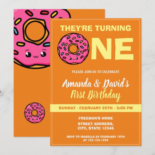 Schattigee Kawaii Donut Sinaasappel Joint Twin 1st Kaart (Voorkant / Achterkant)