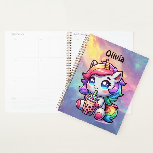 Schattigee Kawaii Eenhoorn met Bubble Tea Geperson Planner (Display)