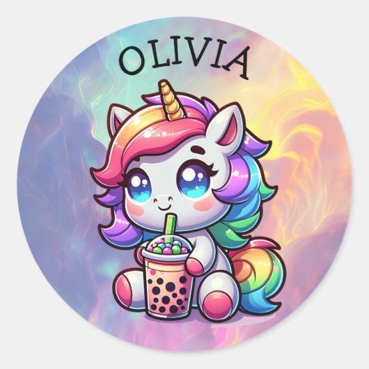 Schattigee Kawaii Eenhoorn met Bubble Tea Geperson Ronde Sticker (Voorkant)