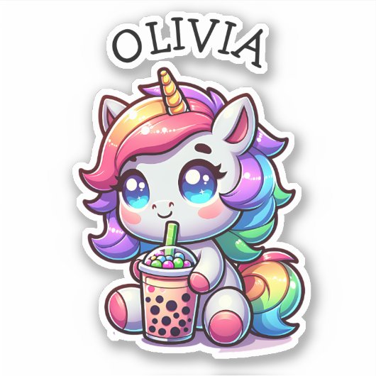 Schattigee Kawaii Eenhoorn met Bubble Tea Geperson Sticker (Voorkant)