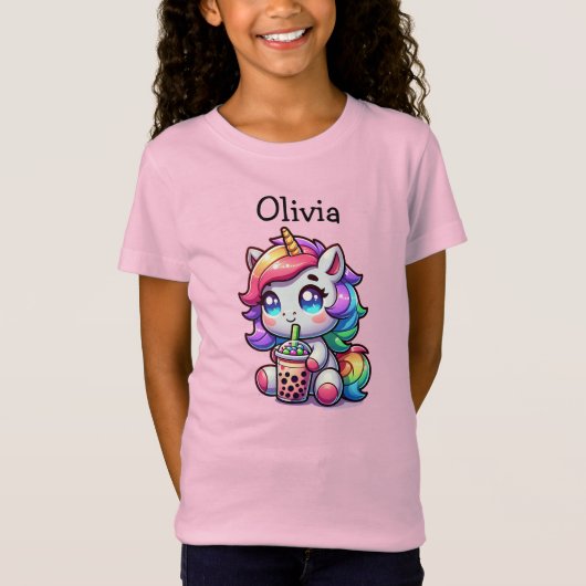 Schattigee Kawaii Eenhoorn met Bubble Tea Geperson T-shirt (Voorkant)