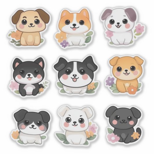 Schattigee Kawaii Floral Dog Sticker Set (Voorkant)