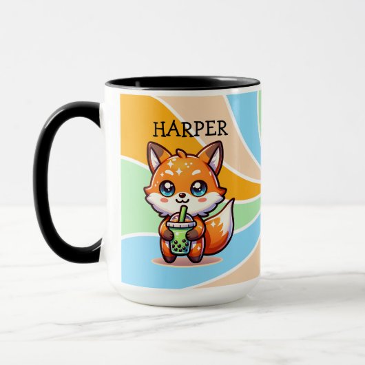 Schattigee Kawaii Fox met Bubble Tea Gepersonalise Mok (Links)