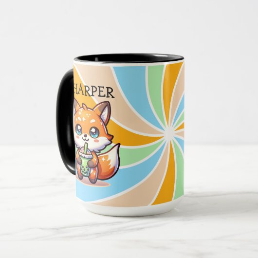 Schattigee Kawaii Fox met Bubble Tea Gepersonalise Mok (Voorkant links)